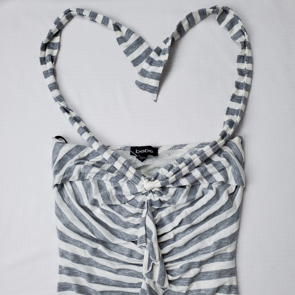 Bebe Grey Ruffled Striped Halter Minidress
